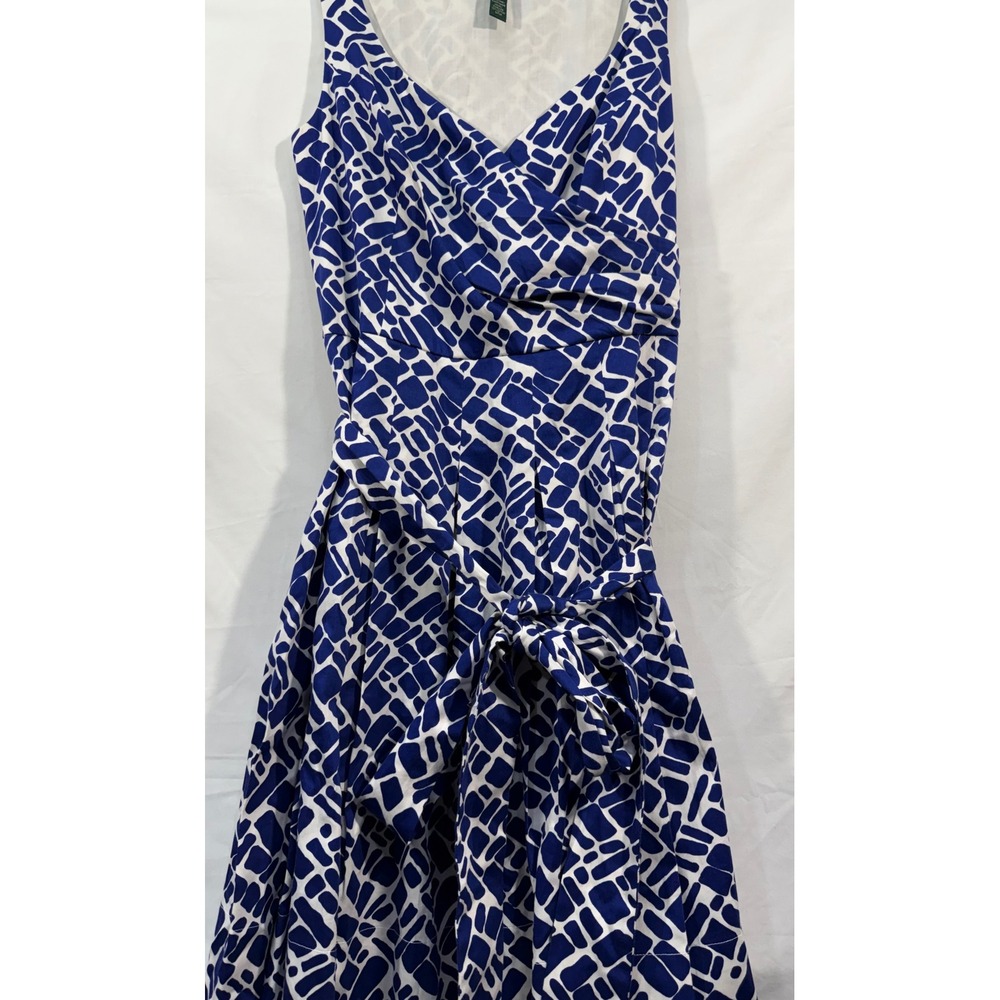 Lauren Ralph Lauren Blue White Geometric Tile Print Fit & Flare Belted Dress 12